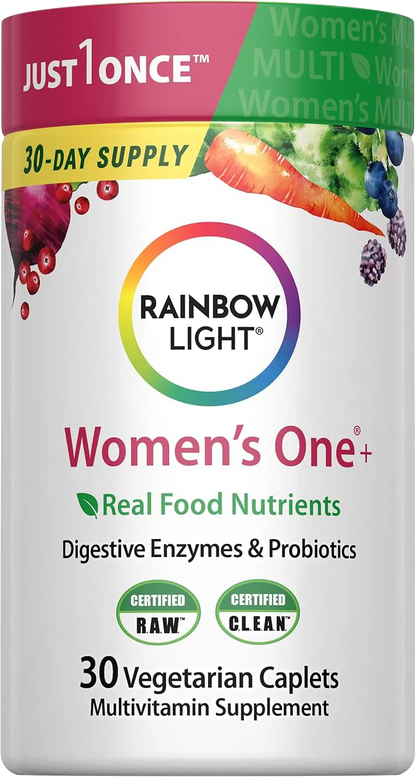 Rainbow Light Womens Multivitamin One + | 30/60 Caplets | Real Food Nutrients, Digestive Enzymes & Probiotics