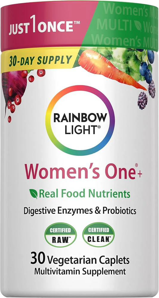Rainbow Light Womens Multivitamin One + | 30/60 Caplets | Real Food Nutrients, Digestive Enzymes & Probiotics