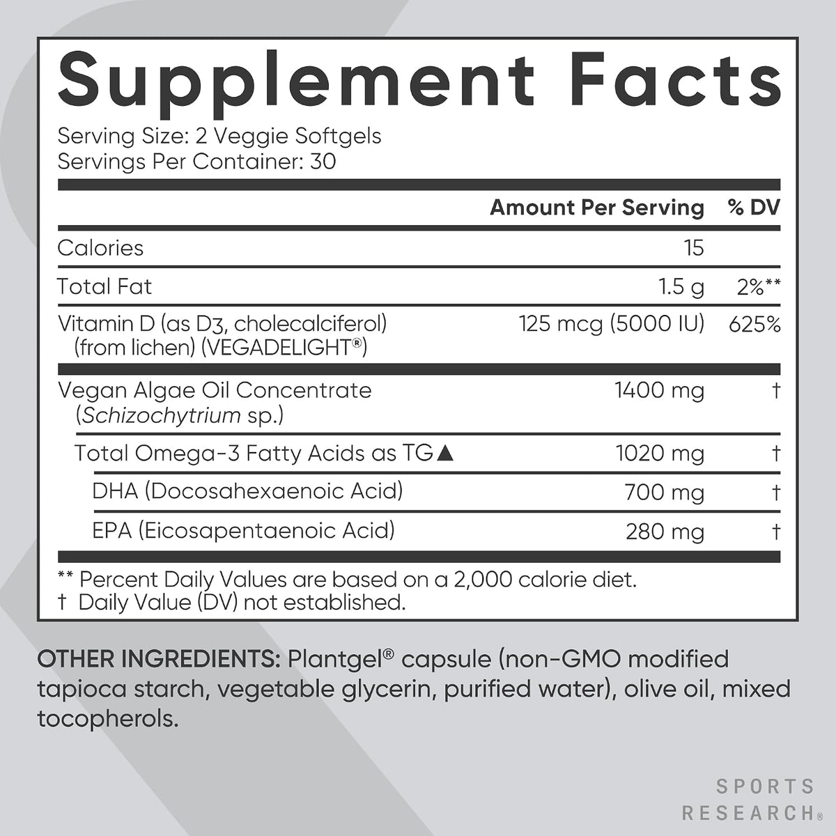 Sports Research® Vegan Omega-3 Algae Oil 1400mg w/Vegan D3 5000iu, 60 Count | 2-in-1 Fish Oil Alternative with Plant-Based Vitamin D