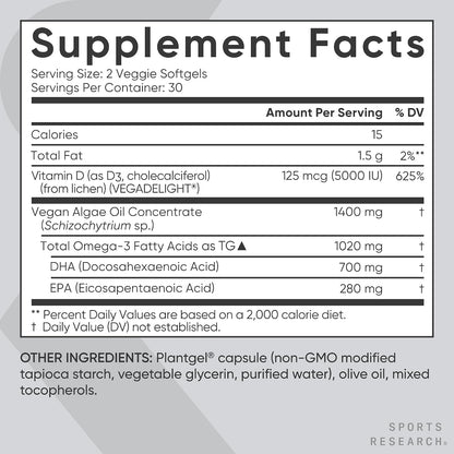 Sports Research® Vegan Omega-3 Algae Oil 1400mg w/Vegan D3 5000iu, 60 Count | 2-in-1 Fish Oil Alternative with Plant-Based Vitamin D