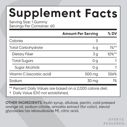 Sports Research® Vitamin C Sugar-Free Gummies 500mg, 60 Count | Immune Support & Antioxidant Gummies | Sugar Free, Vegan, Gelatin Free, Non-GMO