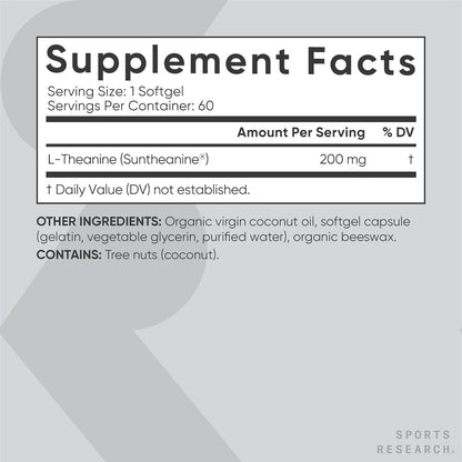 Sports Research® L-Theanine 200mg with Suntheanine®, 60 Softgels | Double Strength Relaxation, Focus & Mood Support - Made w/ Organic Coconut Oil | Non-GMO, Gluten-Free, 60 Servings