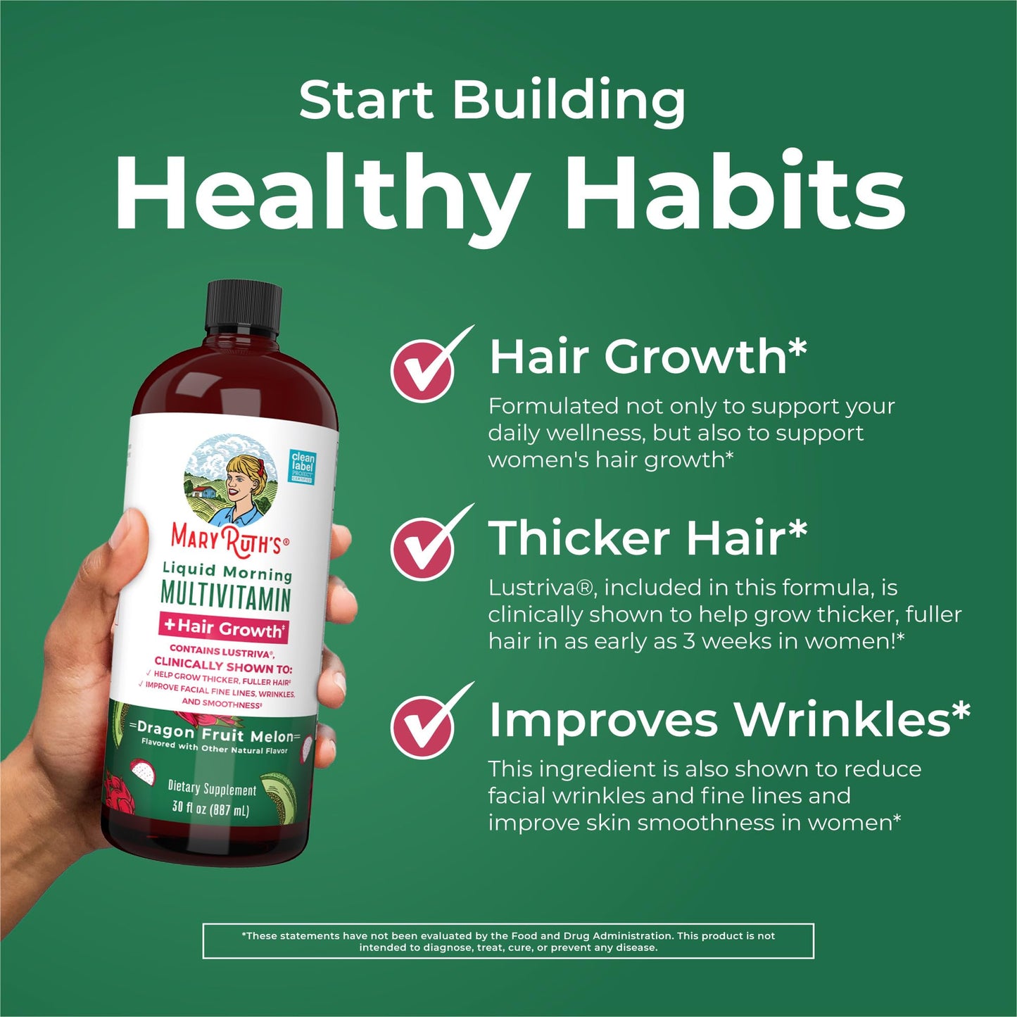 MARYRUTH'S Liquid Multivitamin+Hair Growth | Biotin 10000mcg | Lustriva Hair Growth Supplement | Clinically Tested in Women for Thicker Hair&Facial Wrinkle | Skin Care | Ages 18+