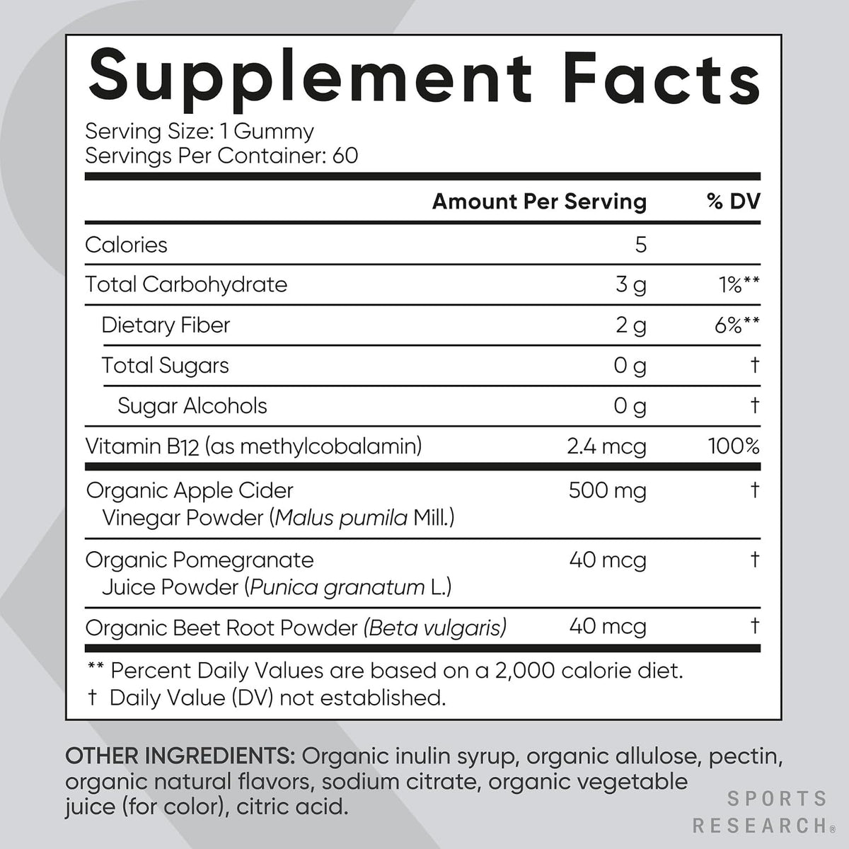 Sports Research® Organic Apple Cider Vinegar Sugar-Free Gummies, 60 Count | ACV 500mg For Diet Cleanses & Digestion | Non-GMO, Certified Vegan, Gluten Free