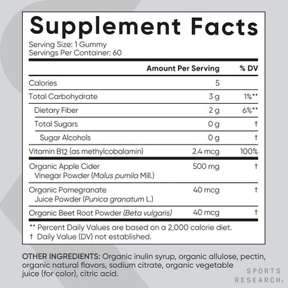 Sports Research® Organic Apple Cider Vinegar Sugar-Free Gummies, 60 Count | ACV 500mg For Diet Cleanses & Digestion | Non-GMO, Certified Vegan, Gluten Free