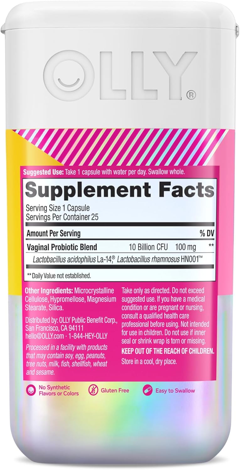 OLLY Happy Hoo-Ha Capsules, Vaginal Probiotics for Women or People with Vaginas, Vaginal Health and pH Balance,* 10 Billion CFU Per Capsule - 25 Count