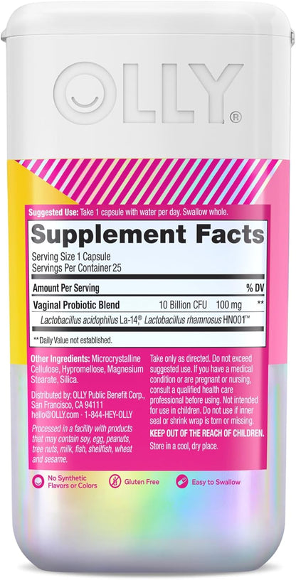 OLLY Happy Hoo-Ha Capsules, Vaginal Probiotics for Women or People with Vaginas, Vaginal Health and pH Balance,* 10 Billion CFU Per Capsule - 25 Count