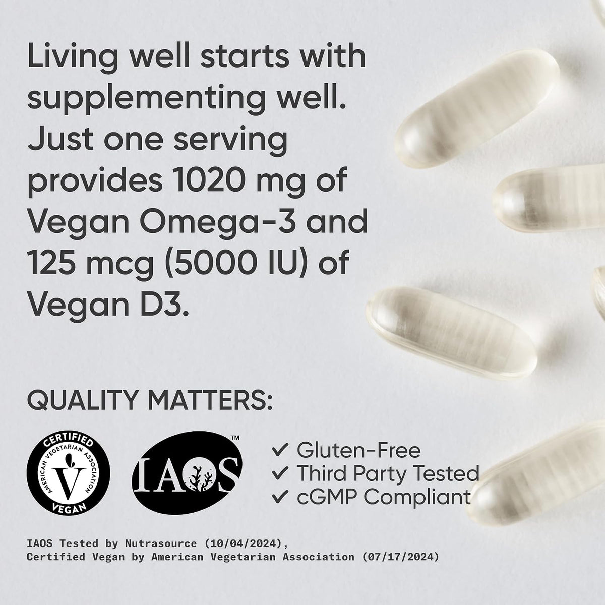 Sports Research® Vegan Omega-3 Algae Oil 1400mg w/Vegan D3 5000iu, 60 Count | 2-in-1 Fish Oil Alternative with Plant-Based Vitamin D