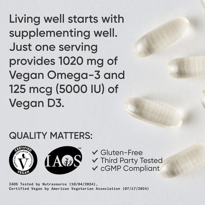 Sports Research® Vegan Omega-3 Algae Oil 1400mg w/Vegan D3 5000iu, 60 Count | 2-in-1 Fish Oil Alternative with Plant-Based Vitamin D