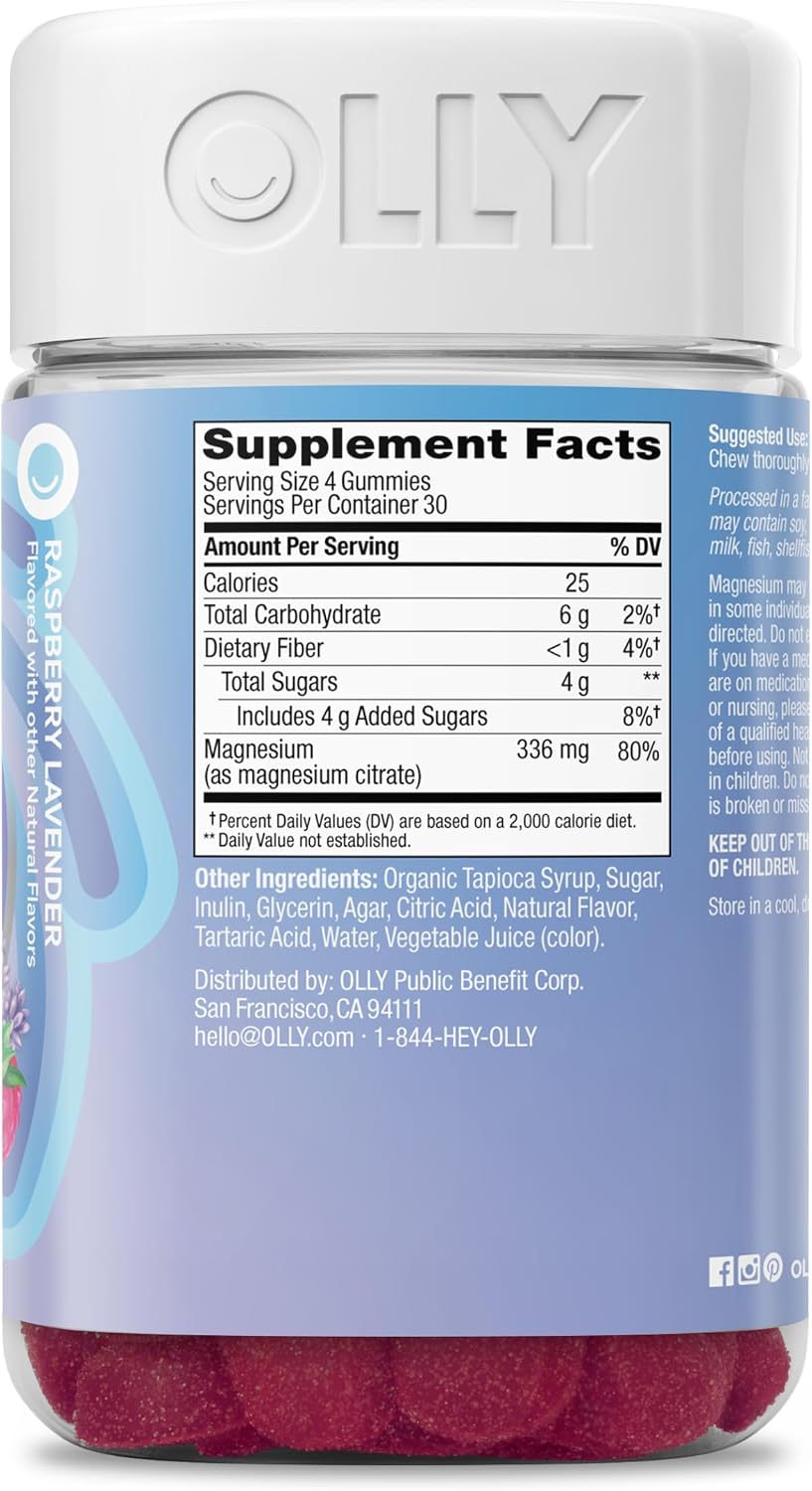 OLLY Relaxing Magnesium Gummies, Supports Muscle Relaxation*, Magnesium Citrate, Raspberry Lavender Flavor, 15 Day Supply - 60 Count