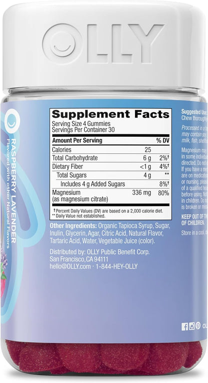 OLLY Relaxing Magnesium Gummies, Supports Muscle Relaxation*, Magnesium Citrate, Raspberry Lavender Flavor, 15 Day Supply - 60 Count