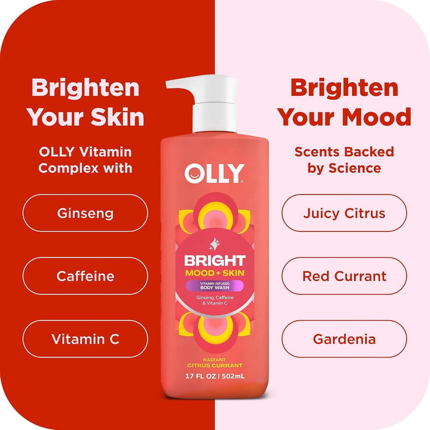 OLLY Bright Body Wash with Ginseng, Caffeine & Vitamin C– Nourishing Cleanser for Skin Barrier Repair, Deep Hydration, Juicy Citrus Currant Scent, 17 oz