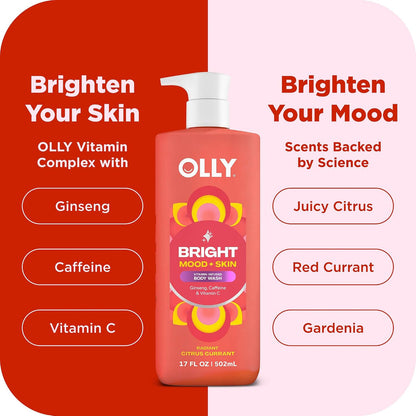 OLLY Bright Body Wash with Ginseng, Caffeine & Vitamin C– Nourishing Cleanser for Skin Barrier Repair, Deep Hydration, Juicy Citrus Currant Scent, 17 oz