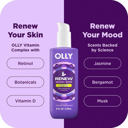 OLLY Renew Body Lotion-Serum with Vitamin D, Retinol & Botanicals – Nourishing Cleanser for Skin Barrier Repair, Deep Hydration, Jasmine Bergamot Scent, 8oz