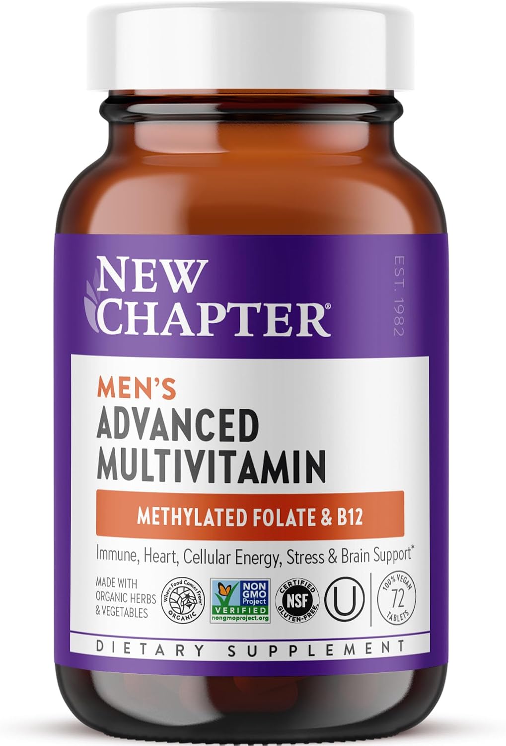 New Chapter Men's Multivitamin Advanced Formula for Stress, Brain, Immune, Heart & Energy Support, Higher Levels of Whole-Food Fermented Essential Nutrients for Men + Selenium + B Vitamins, 72 ct