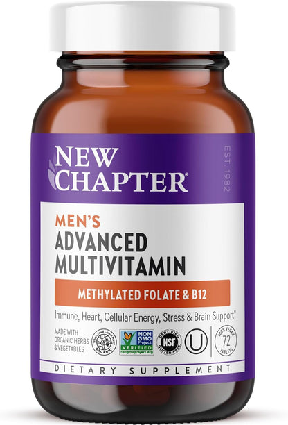 New Chapter Men's Multivitamin Advanced Formula for Stress, Brain, Immune, Heart & Energy Support, Higher Levels of Whole-Food Fermented Essential Nutrients for Men + Selenium + B Vitamins, 72 ct