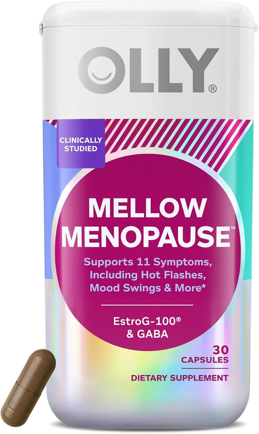 OLLY Mellow Menopause Supplements for Women, Supports Hot Flashes, Vaginal Dryness & Occasional Mood Swings,* Estro-G100®, GABA, Vegan Capsules, 1 Month Supply - 30 Count