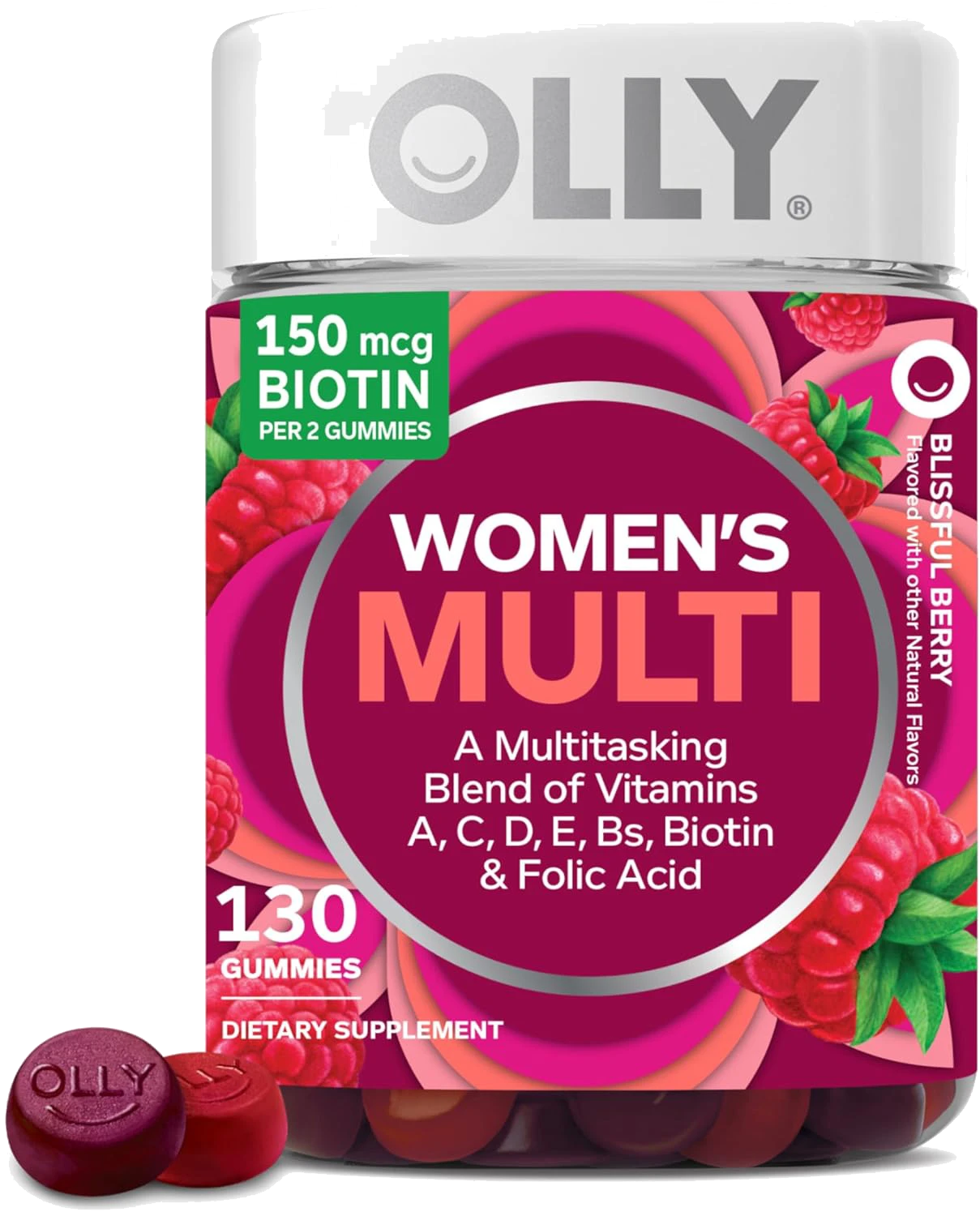 OLLY Women's Daily Multivitamin Gummy, Vitamins A, D, C, E, Biotin, Folic Acid, Adult Chewable Vitamin, Berry Flavor