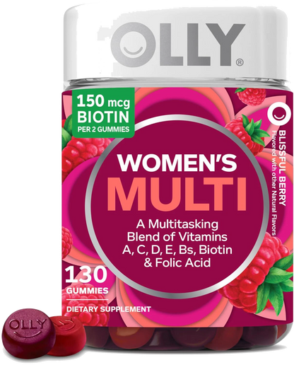 OLLY Women's Daily Multivitamin Gummy, Vitamins A, D, C, E, Biotin, Folic Acid, Adult Chewable Vitamin, Berry Flavor