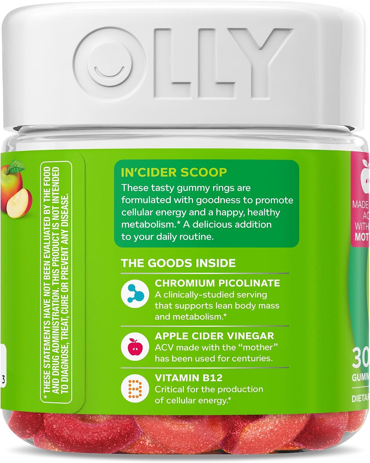 OLLY Metabolism Gummy Rings, Apple Cider Vinegar, Vitamin B12, Chromium, Energy and Digestive Health, Chewable Supplement, Apple Flavor - 30 Count