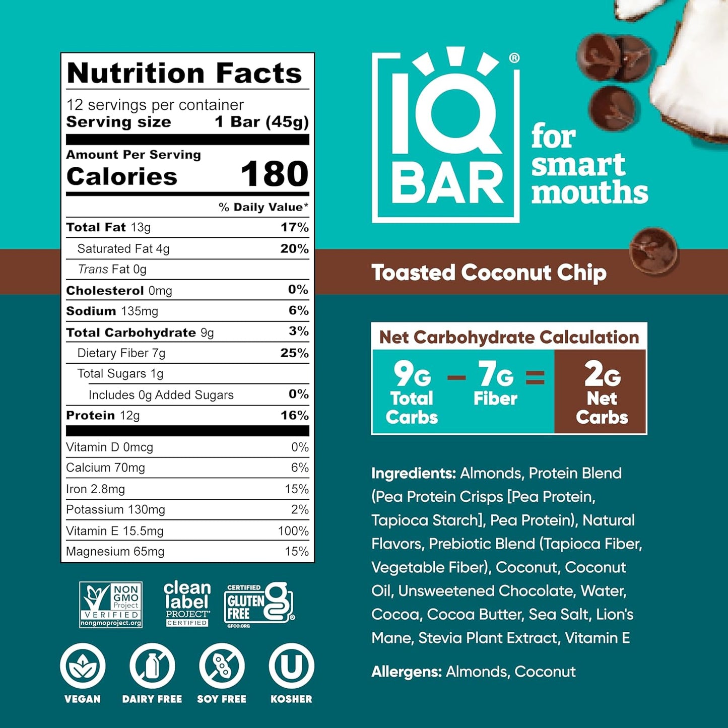 IQBAR Clean Plant Protein Bars - Toasted Coconut Chip - 12/24/36 Count - Keto, Vegan, High Fiber, Gluten and Dairy Free, Low Sugar Snack - Brain and Body Nutrients for Focus, Energy, Meal Replacement