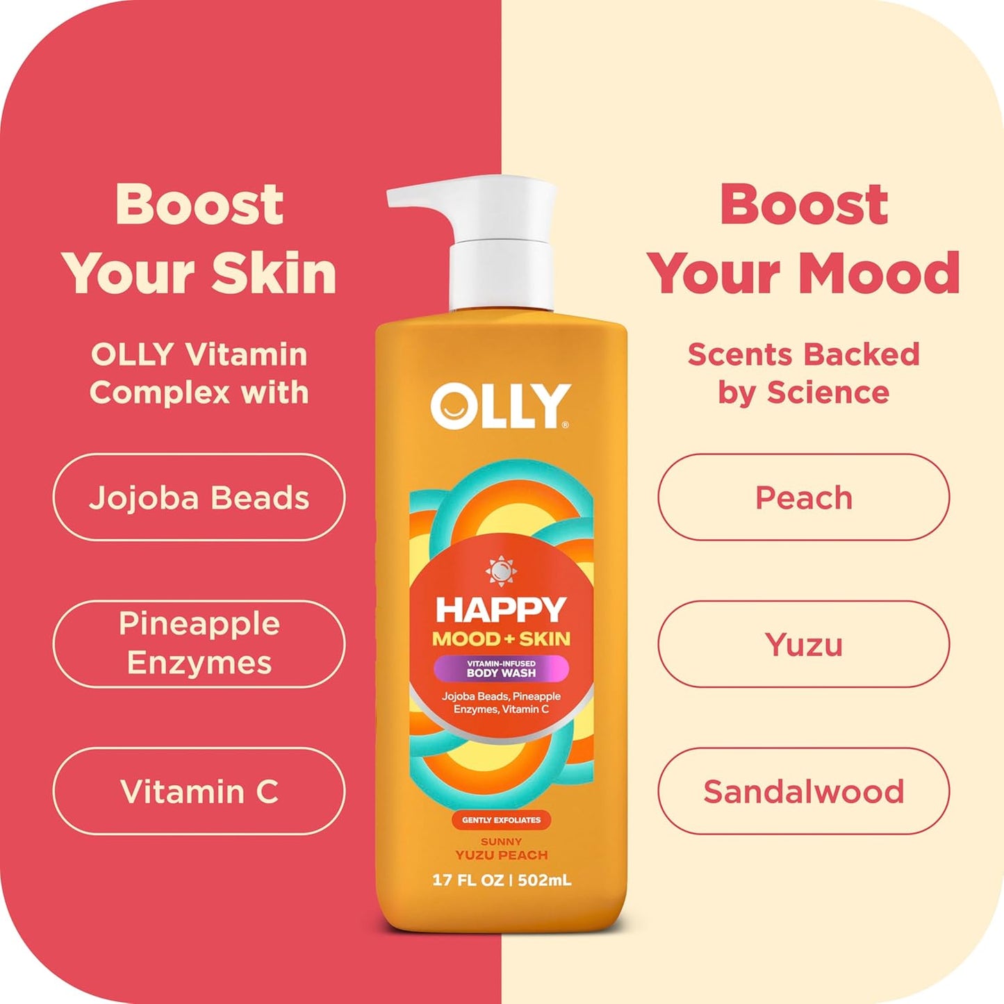 OLLY Exfoliating Body Wash Happy Mood + Skin jojoba beads, pineapple enzymes & vitamin C to exfoliate and reveal softer, glowing skin 17 Fl Oz