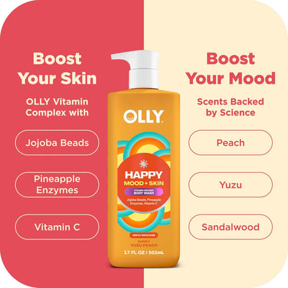 OLLY Exfoliating Body Wash Happy Mood + Skin jojoba beads, pineapple enzymes & vitamin C to exfoliate and reveal softer, glowing skin 17 Fl Oz