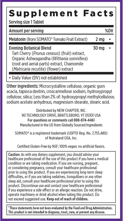 New Chapter Plant Melatonin 2mg - Sleep Aid for Adults with No Next-Day Grogginess, Nature-Inspired Sleep Formula Made with Melatonin from Tomato + Tart Cherry & Ashwagandha – Non-GMO, 30ct