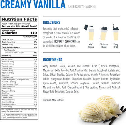 Isopure Zero Carb 100% Pure Whey Isolate Protein Powder, Lactose Free, Gluten Free, with Vitamins, Creamy Vanilla, 25g Protein Per Serving,