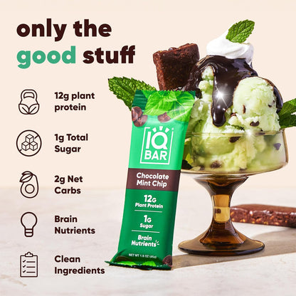 IQBAR Clean Plant Protein Bars - Chocolate Mint Chip - 12/24/36 Count - Keto, Vegan, High Fiber, Gluten and Dairy Free, Low Sugar Snack - Brain and Body Nutrients for Focus, Energy, Meal Replacement