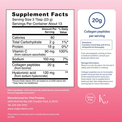 Vital Proteins Collagen Peptides Advanced, Hydrolyzed Peptides with Hyaluronic Acid and Vitamin C - Strawberry Lemon Flavor Powder, 10.5oz