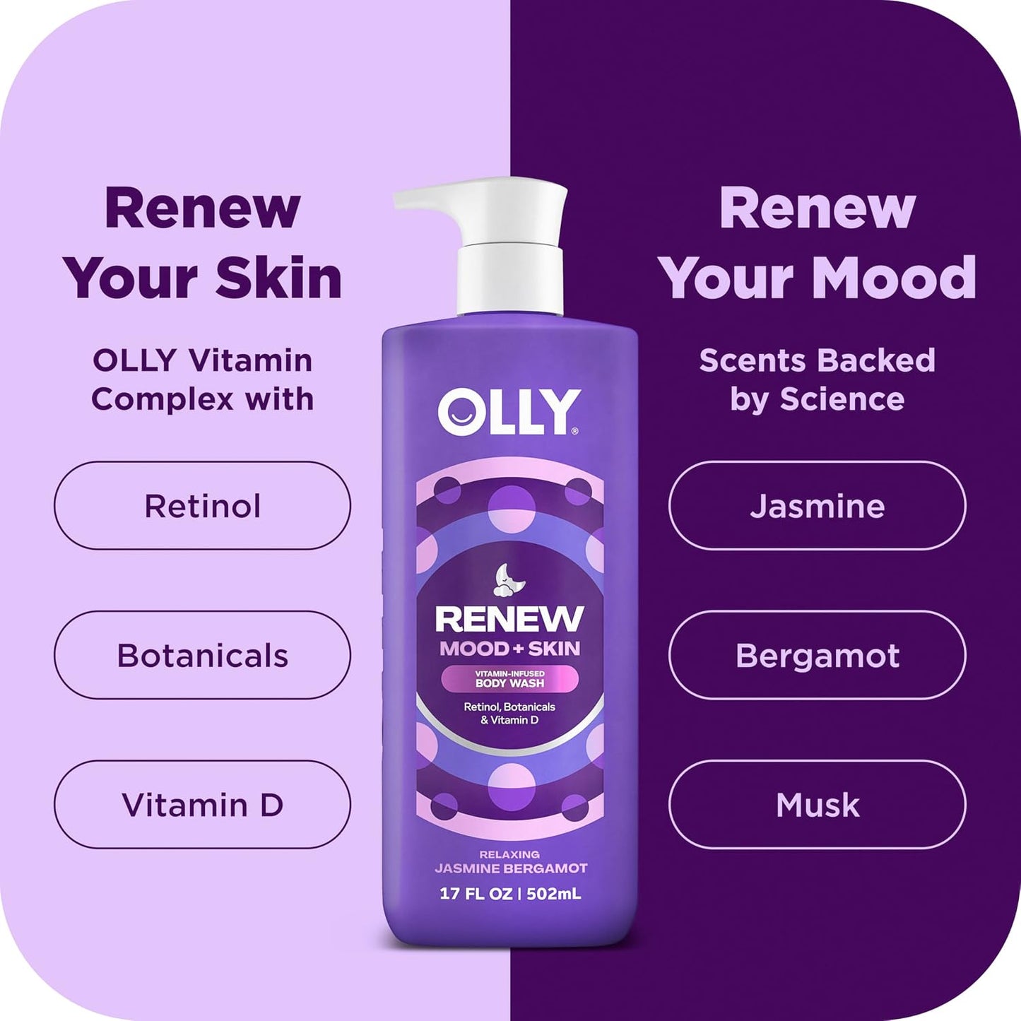 OLLY Body Wash Mixed 4 Count Trial Pack to Restore Skin barrier & Hydrate skin, TSA Approved 3 oz