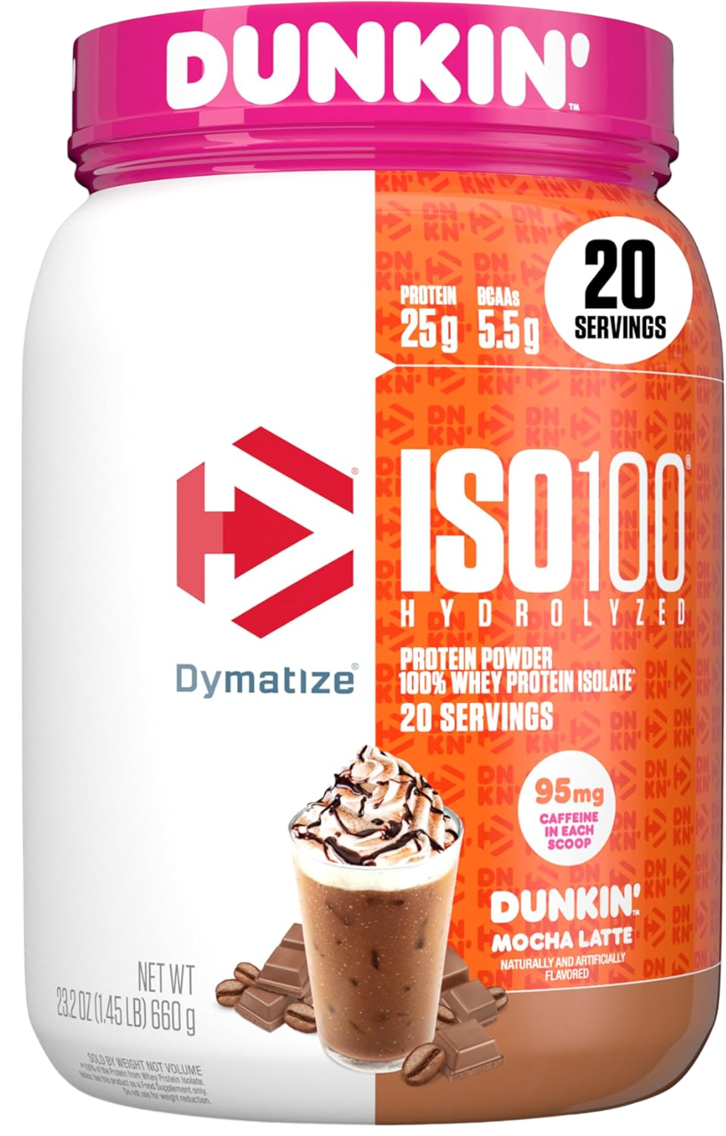 Dymatize x Dunkin' Cappuccino ISO100 Whey Protein Powder, 95mg Caffeine, 25g of Protein5.5g BCAAs, 120 Cal., Gluten Free, 1g Fat, 1g Sugar, 2g Carb
