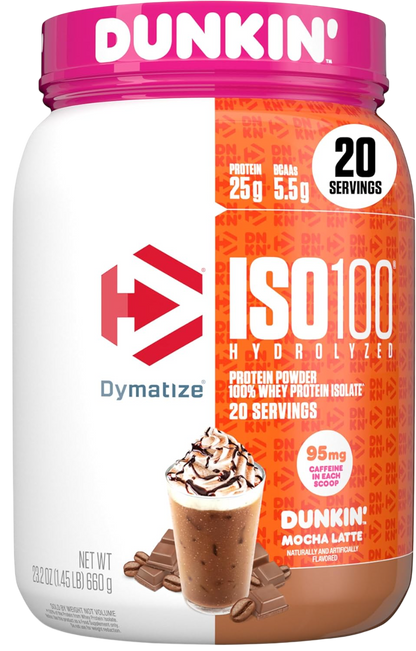 Dymatize x Dunkin' Cappuccino ISO100 Whey Protein Powder, 95mg Caffeine, 25g of Protein5.5g BCAAs, 120 Cal., Gluten Free, 1g Fat, 1g Sugar, 2g Carb
