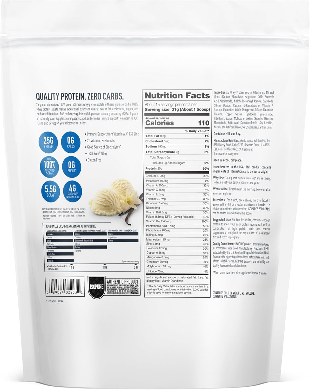 Isopure Zero Carb 100% Pure Whey Isolate Protein Powder, Lactose Free, Gluten Free, with Vitamins, Creamy Vanilla, 25g Protein Per Serving,