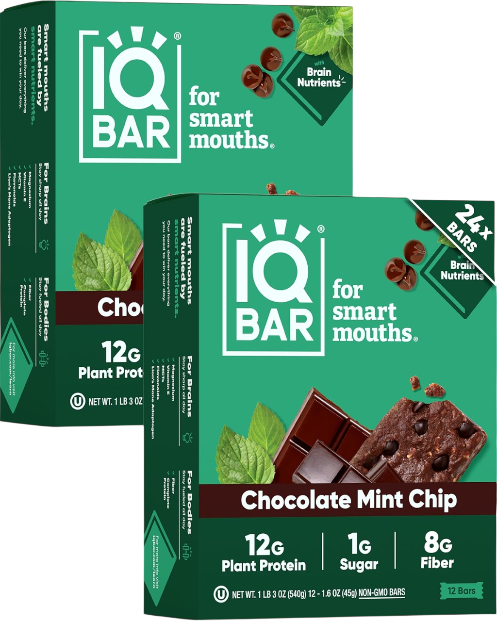 IQBAR Clean Plant Protein Bars - Chocolate Mint Chip - 12/24/36 Count - Keto, Vegan, High Fiber, Gluten and Dairy Free, Low Sugar Snack - Brain and Body Nutrients for Focus, Energy, Meal Replacement