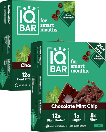 IQBAR Clean Plant Protein Bars - Chocolate Mint Chip - 12/24/36 Count - Keto, Vegan, High Fiber, Gluten and Dairy Free, Low Sugar Snack - Brain and Body Nutrients for Focus, Energy, Meal Replacement