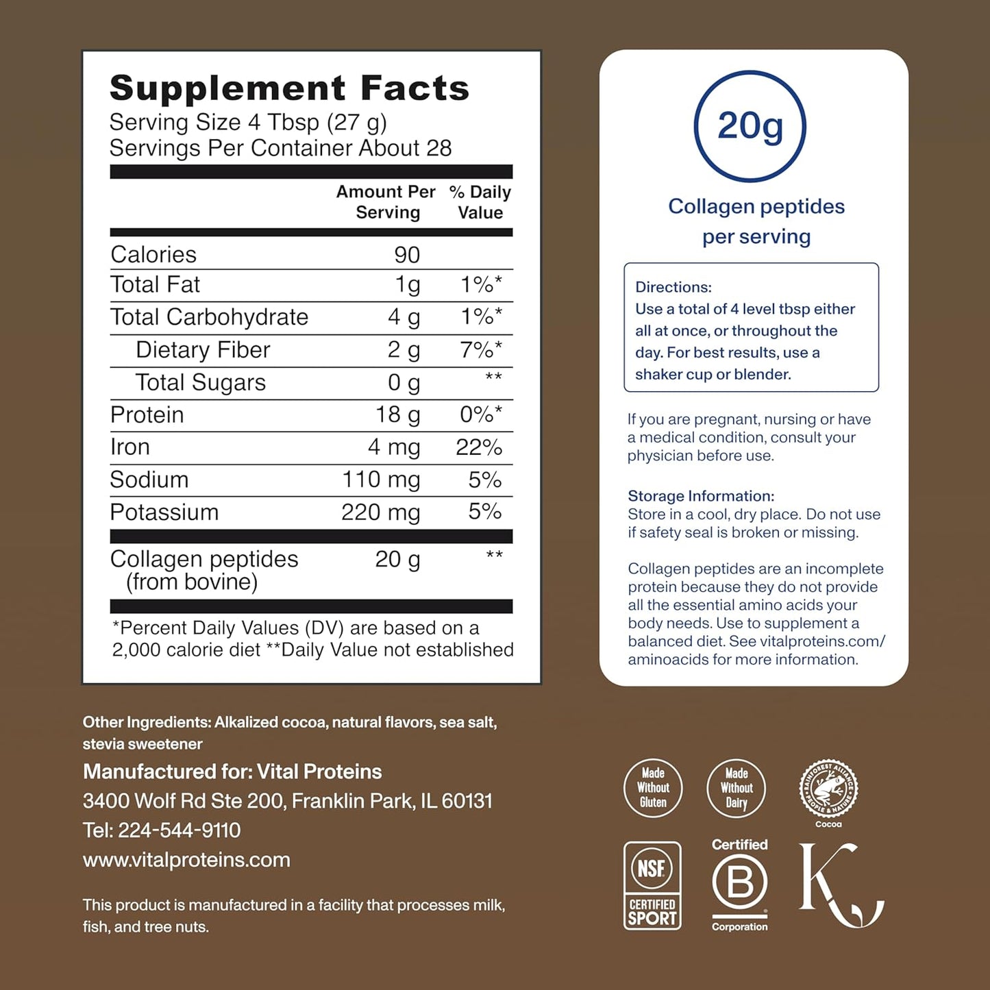 Vital Proteins Collagen Peptides Powder - Chocolate Powder for Hair, Nail, Skin, Bone & Joint Health, 13.5oz