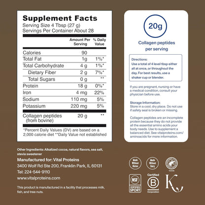Vital Proteins Collagen Peptides Powder - Chocolate Powder for Hair, Nail, Skin, Bone & Joint Health, 13.5oz