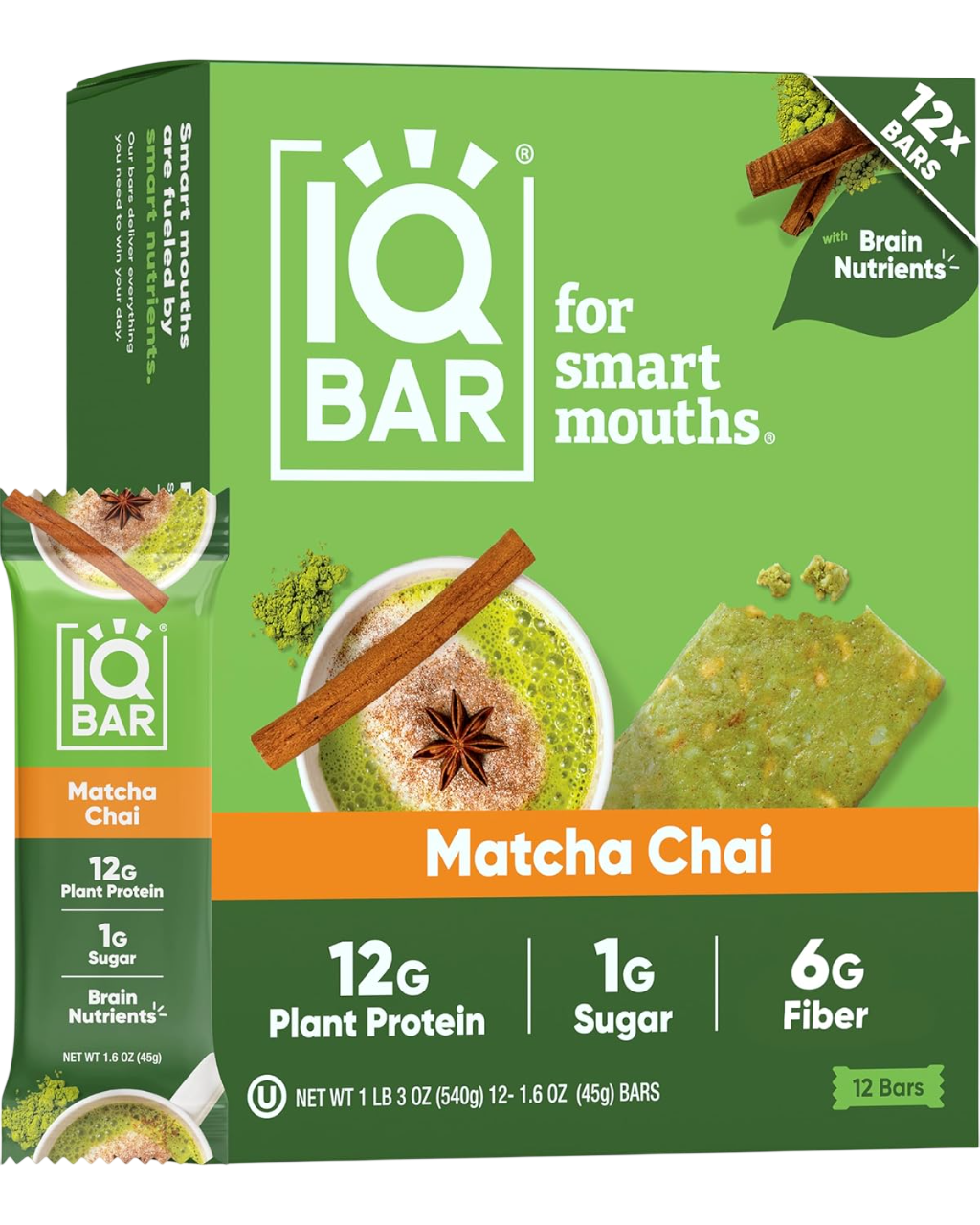 IQBAR Clean Plant Protein Bars - Matcha Chai - 12/24/36 Count - Keto, Vegan, High Fiber, Gluten and Dairy Free, Low Sugar Snack - Brain and Body Nutrients for Focus, Energy, Meal Replacement
