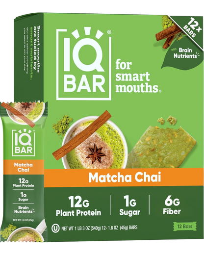 IQBAR Clean Plant Protein Bars - Matcha Chai - 12/24/36 Count - Keto, Vegan, High Fiber, Gluten and Dairy Free, Low Sugar Snack - Brain and Body Nutrients for Focus, Energy, Meal Replacement