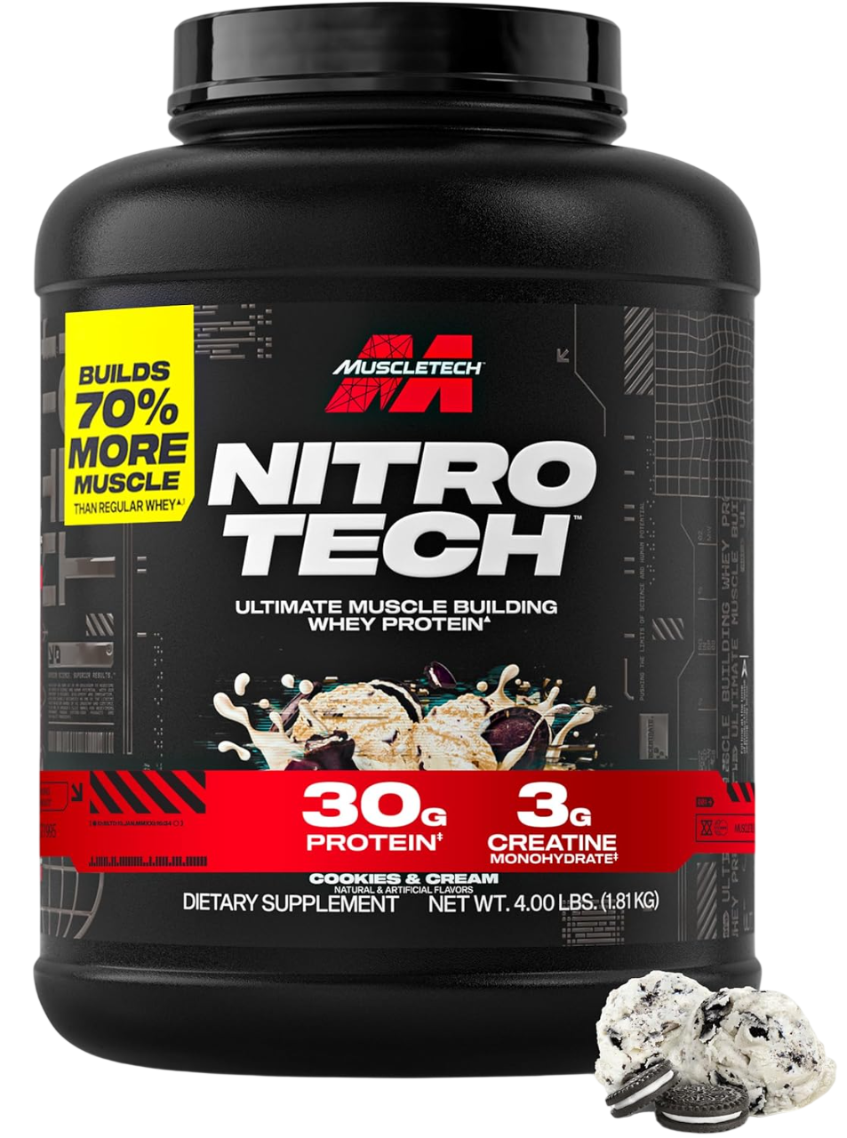 Muscletech Whey Protein Powder (Cookies & Cream, 4 Pound) - Nitro-Tech Ultimate Muscle Building Formula with Whey Protein Isolate - 30g of Protein, 3g of Creatine & 6.8g of BCAA