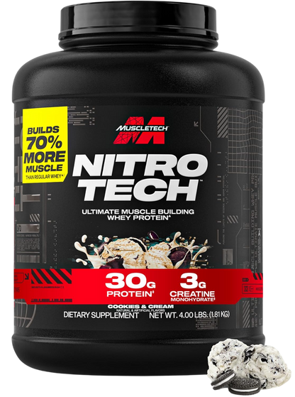 Muscletech Whey Protein Powder (Cookies & Cream, 4 Pound) - Nitro-Tech Ultimate Muscle Building Formula with Whey Protein Isolate - 30g of Protein, 3g of Creatine & 6.8g of BCAA