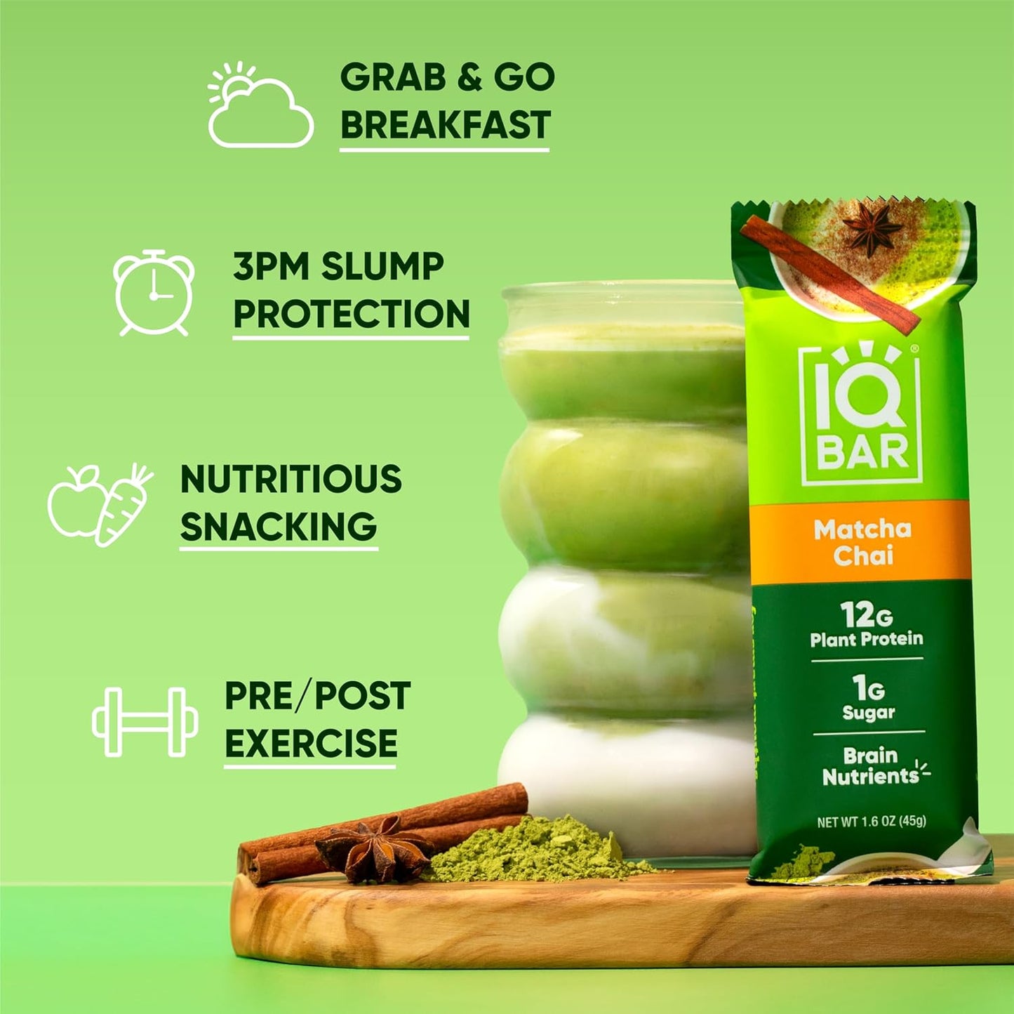 IQBAR Clean Plant Protein Bars - Matcha Chai - 12/24/36 Count - Keto, Vegan, High Fiber, Gluten and Dairy Free, Low Sugar Snack - Brain and Body Nutrients for Focus, Energy, Meal Replacement