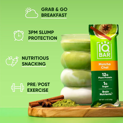 IQBAR Clean Plant Protein Bars - Matcha Chai - 12/24/36 Count - Keto, Vegan, High Fiber, Gluten and Dairy Free, Low Sugar Snack - Brain and Body Nutrients for Focus, Energy, Meal Replacement