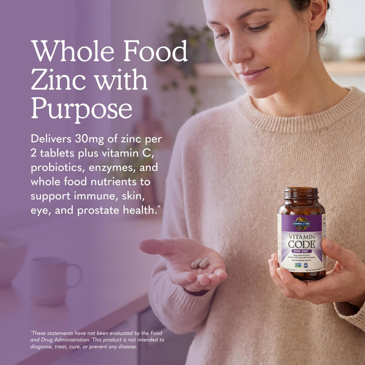 Garden of Life Vitamin Code Raw Zinc Supplement 30mg with Vitamin C, Whole Food Supplement for Immune Support, Skin Health, Eye Health and Prostate Health, 60 Vegan Capsules