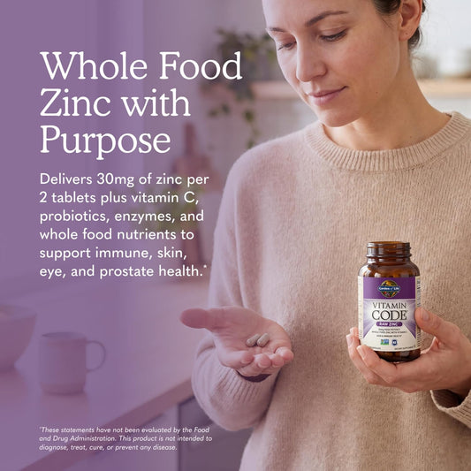 Garden of Life Vitamin Code Raw Zinc Supplement 30mg with Vitamin C, Whole Food Supplement for Immune Support, Skin Health, Eye Health and Prostate Health, 60 Vegan Capsules