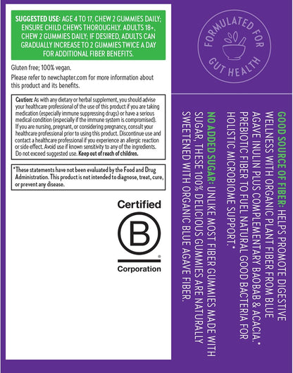 New Chapter Organic Fiber Gummies - Prebiotic Fiber for Digestive & Gut Health Support* - No Added Sugar - USDA Organic, Non-GMO & Vegetarian - 60 Gummies