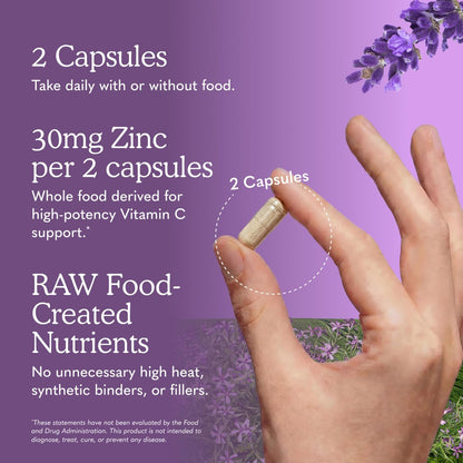 Garden of Life Vitamin Code Raw Zinc Supplement 30mg with Vitamin C, Whole Food Supplement for Immune Support, Skin Health, Eye Health and Prostate Health, 60 Vegan Capsules