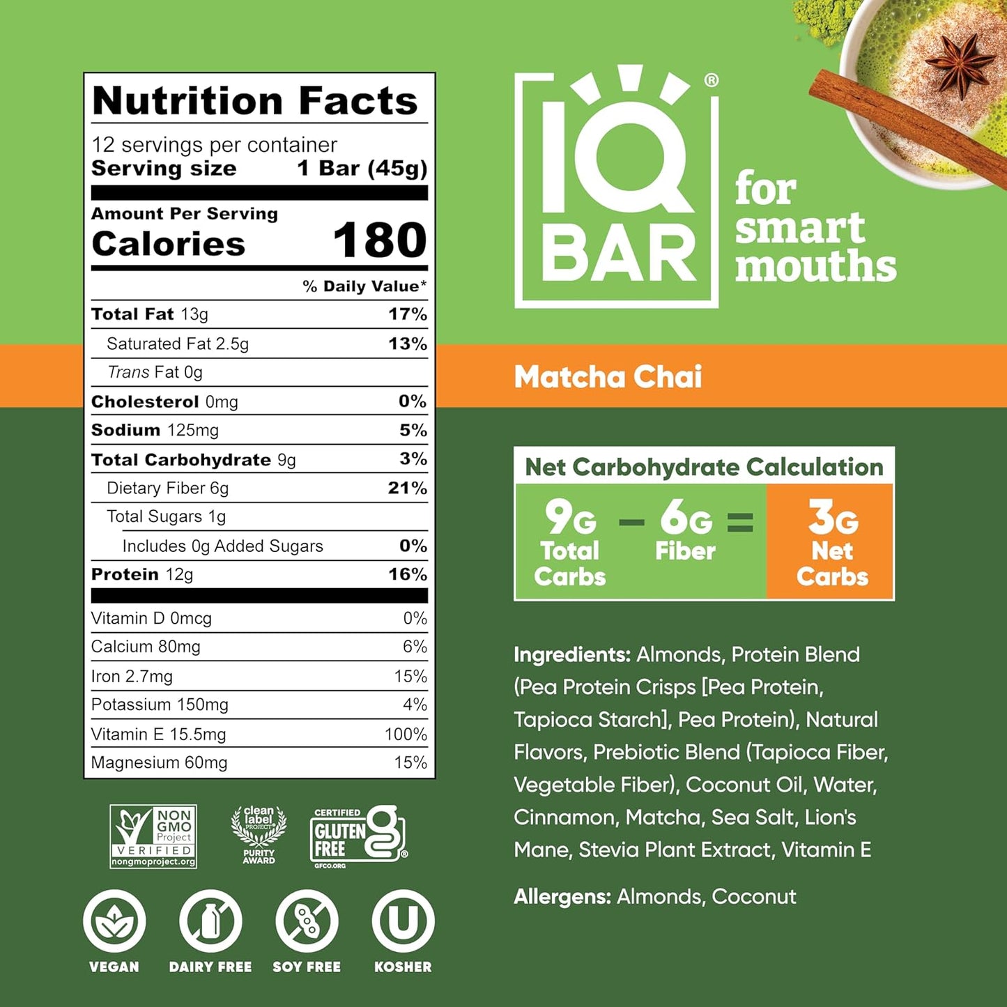 IQBAR Clean Plant Protein Bars - Matcha Chai - 12/24/36 Count - Keto, Vegan, High Fiber, Gluten and Dairy Free, Low Sugar Snack - Brain and Body Nutrients for Focus, Energy, Meal Replacement